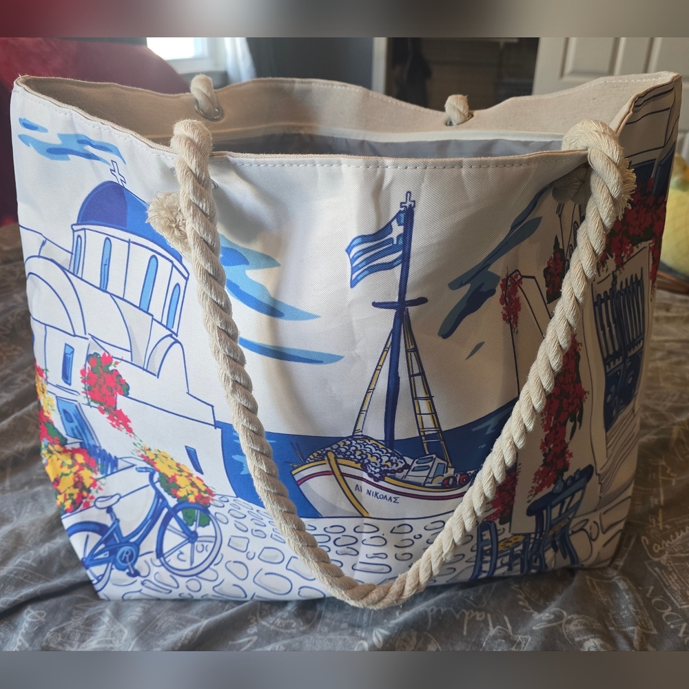 Greek Coastal Print Canvas Tote Bag with Rope Handles and Change Purse - Picture 8 of 8